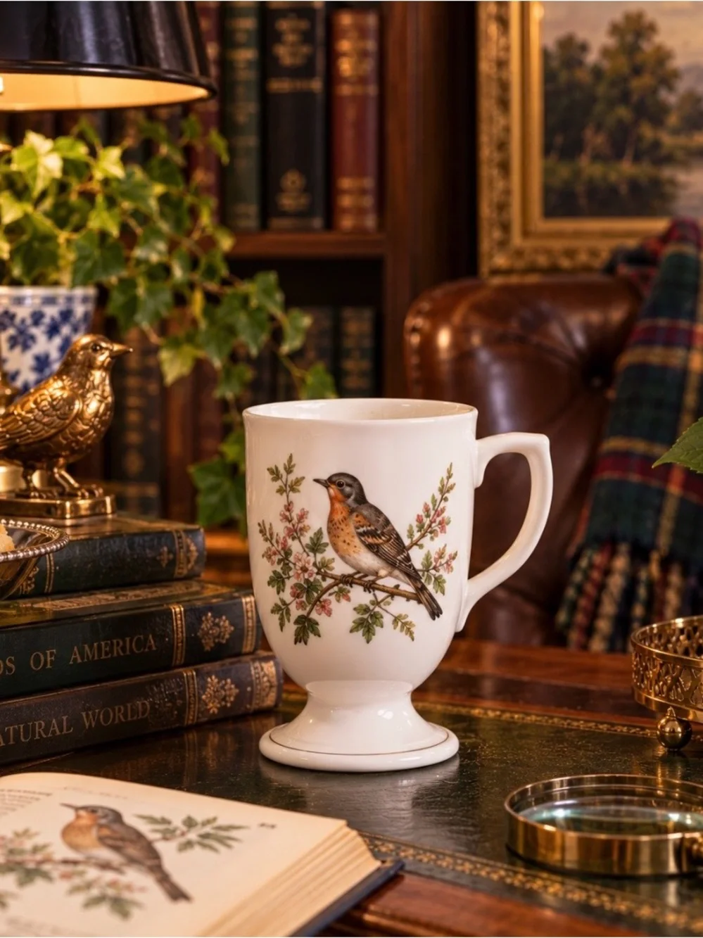 Unique Vintage White Porcelain Bird Footed Mugs with Multicolor Floral Accents